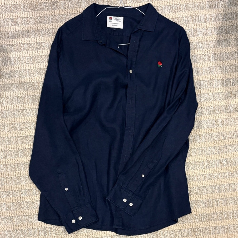 Men's Navy Blue Linen Shirt with Embroidered Rose - England Rugby